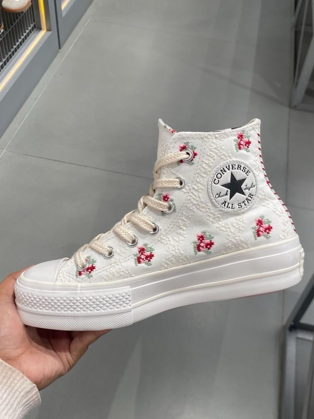 Converse White High-Top Sneakers with Pink Floral Embroidery